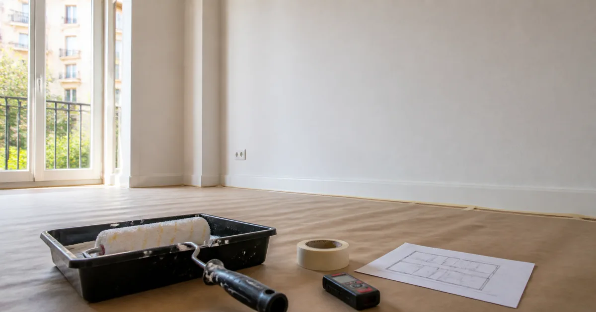 Habitación protegida para pintar con rodillo, cinta y medidor láser