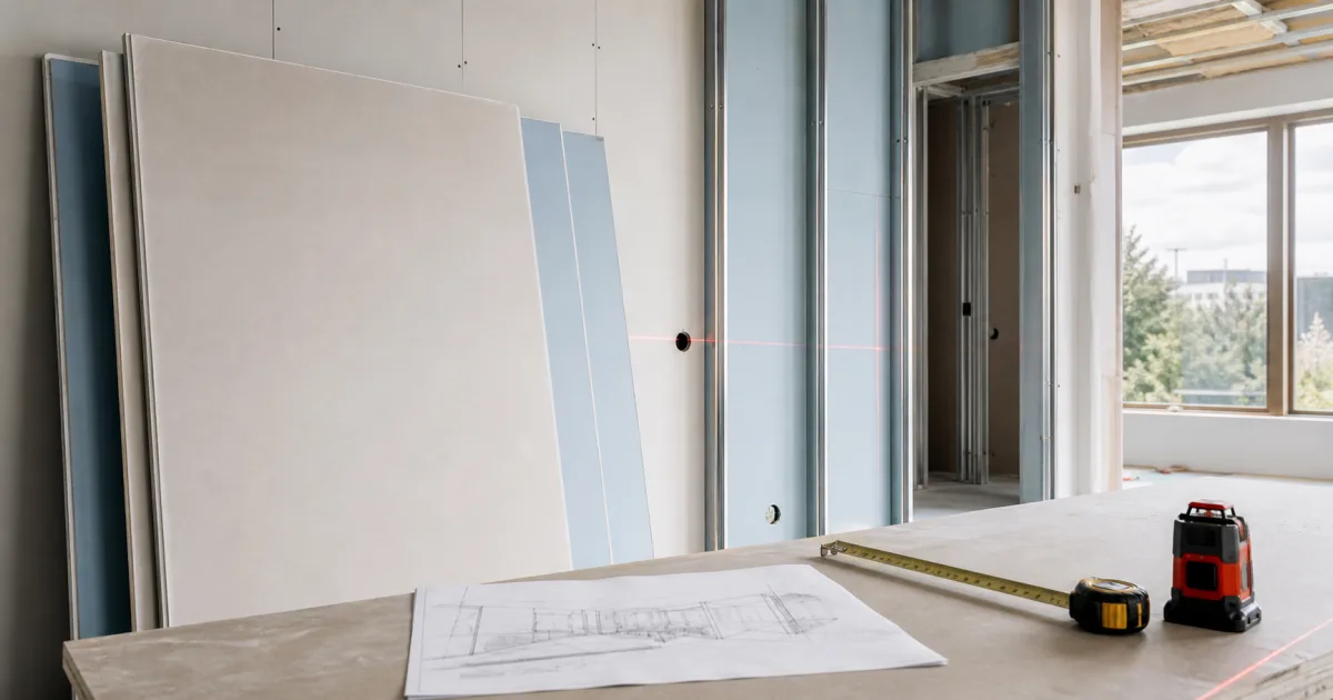 Placas de yeso laminado, perfilería metálica, medidores y plano de obra