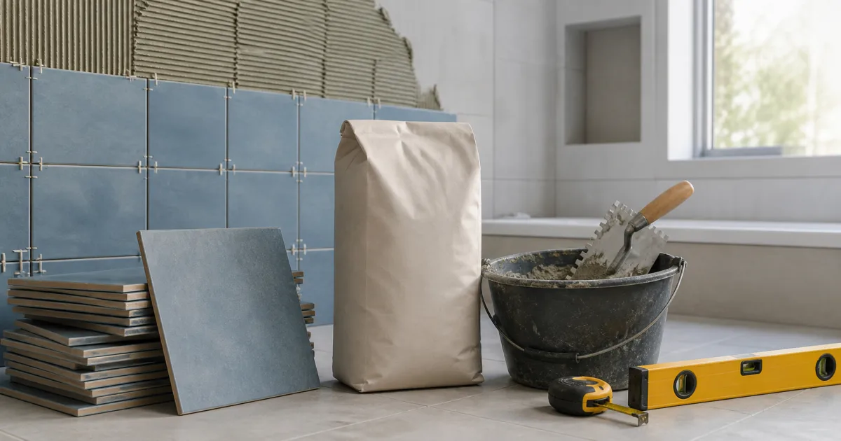 Azulejos en colocación con saco sin marca, cubo de adhesivo, llana y nivel