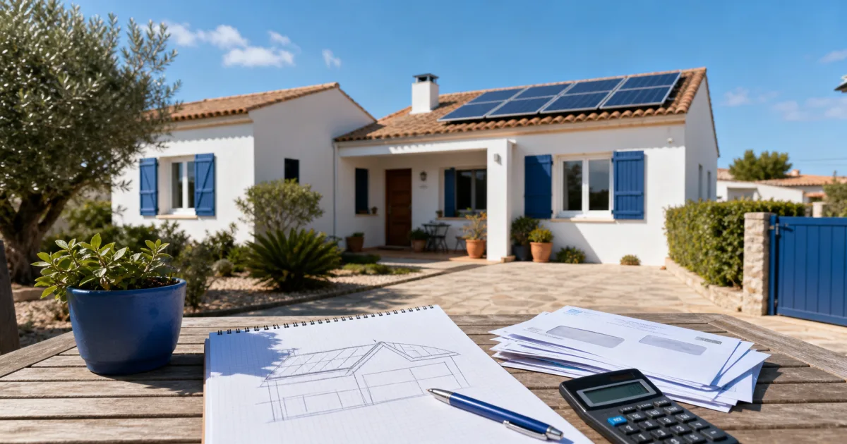 Vivienda mediterránea con placas solares y documentación de consumo preparada sobre una mesa