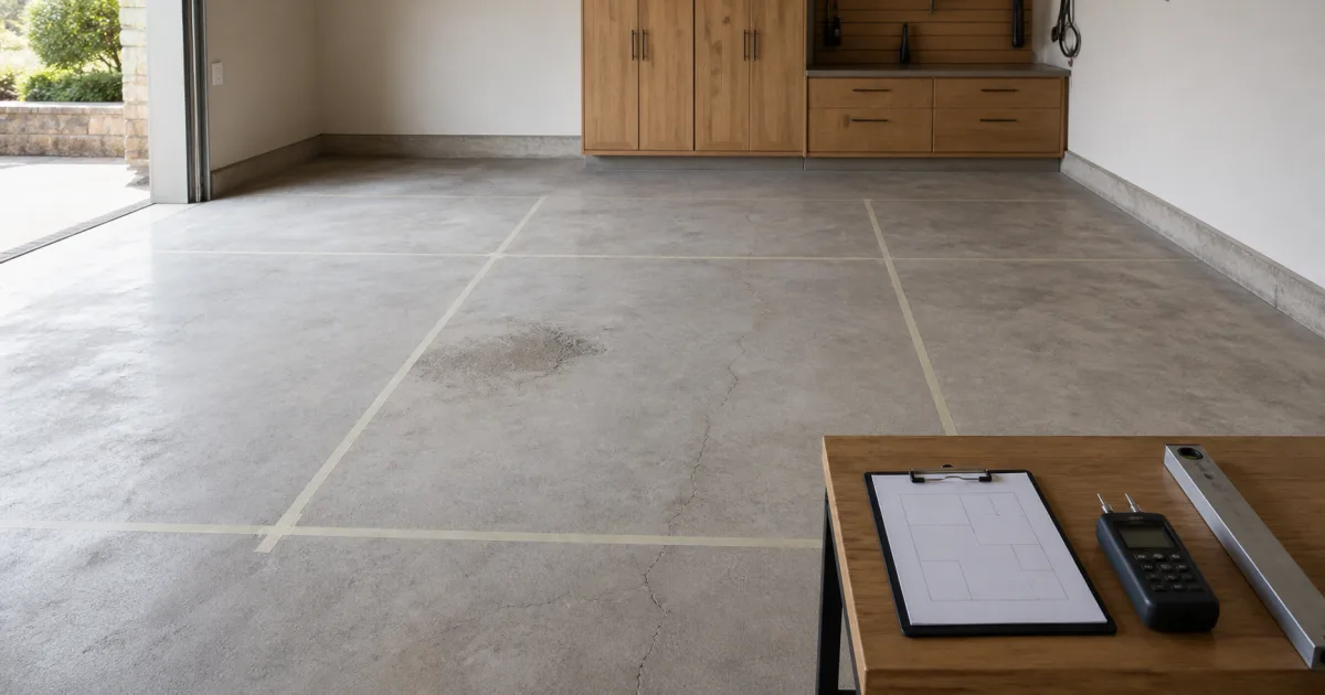 Suelo industrial con muestras de soporte, plano de zonas y ficha de inspección para revestimiento epoxi