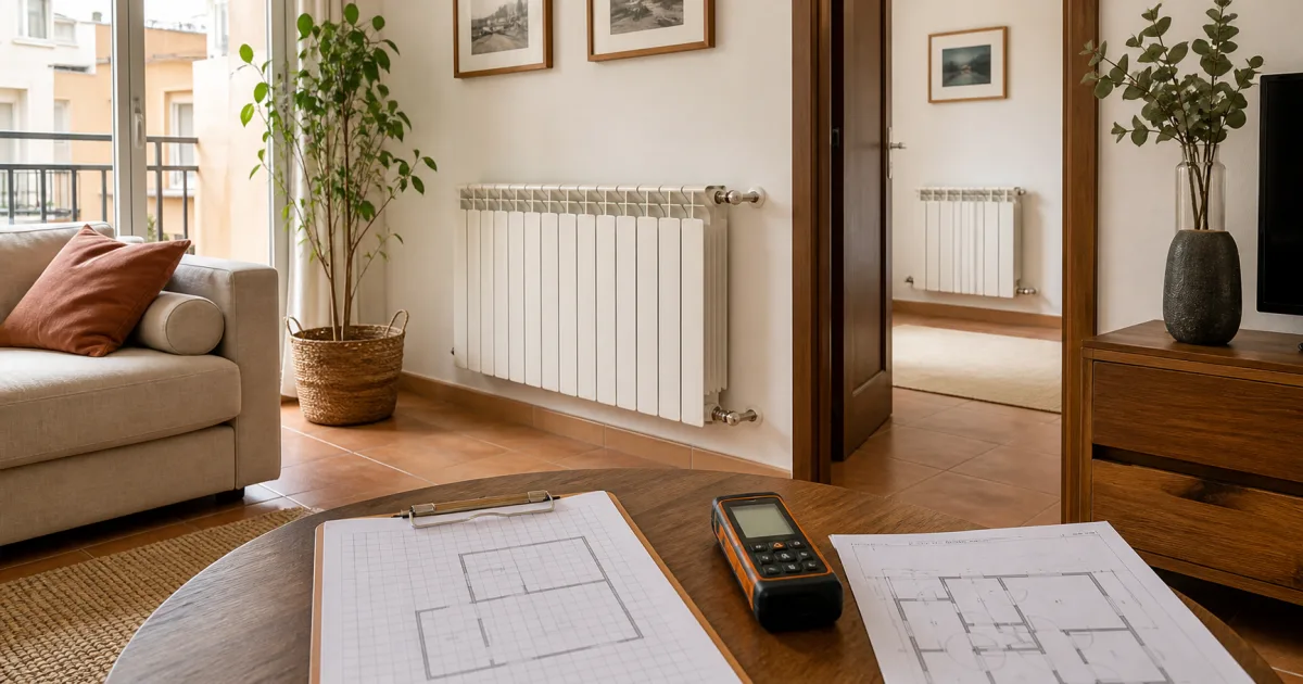 Radiador doméstico con plano de estancias, cinta métrica y ficha de inventario