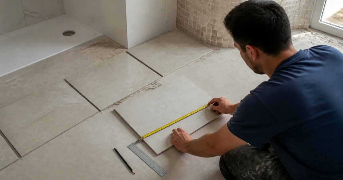 Alicatador midiendo una baldosa antes de definir el despiece del baño