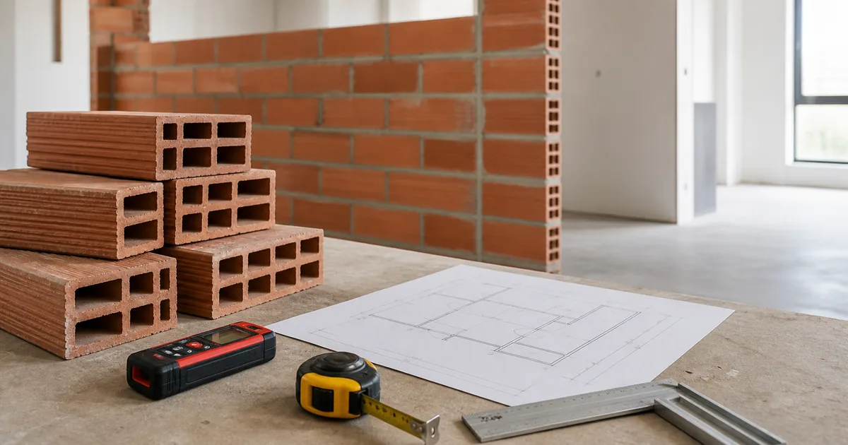 Ladrillos cerámicos junto a una pared en ejecución con plano y cinta métrica