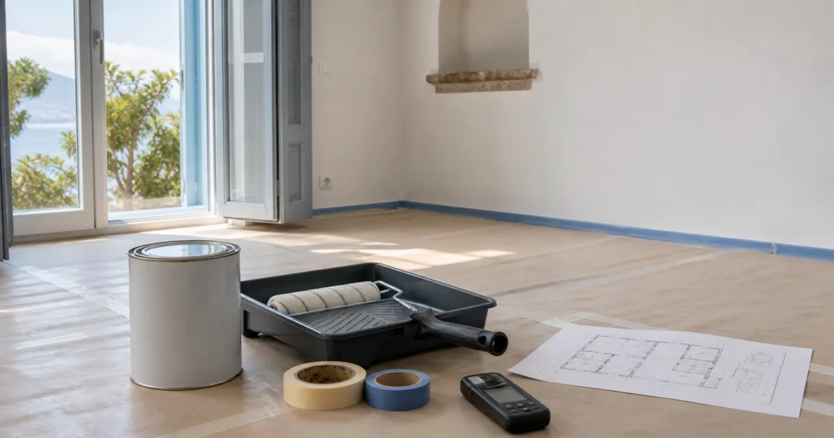 Habitación preparada para pintar con bote, rodillo, cinta, medidor y plano