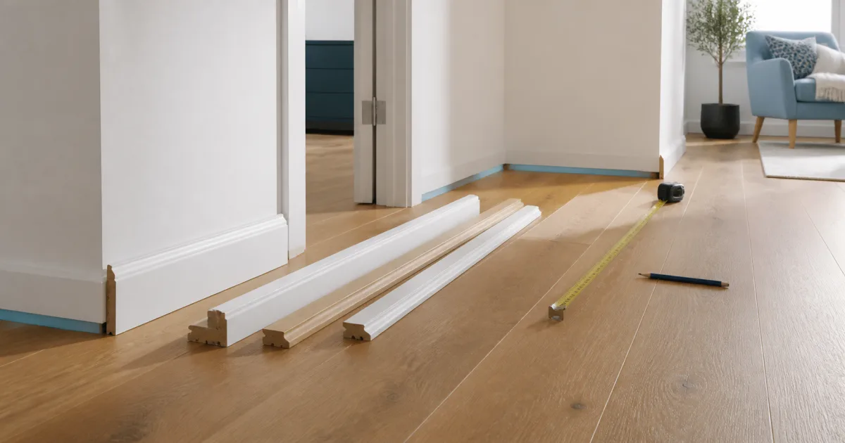 Piezas de rodapié junto a una pared, puerta, suelo de madera y cinta métrica