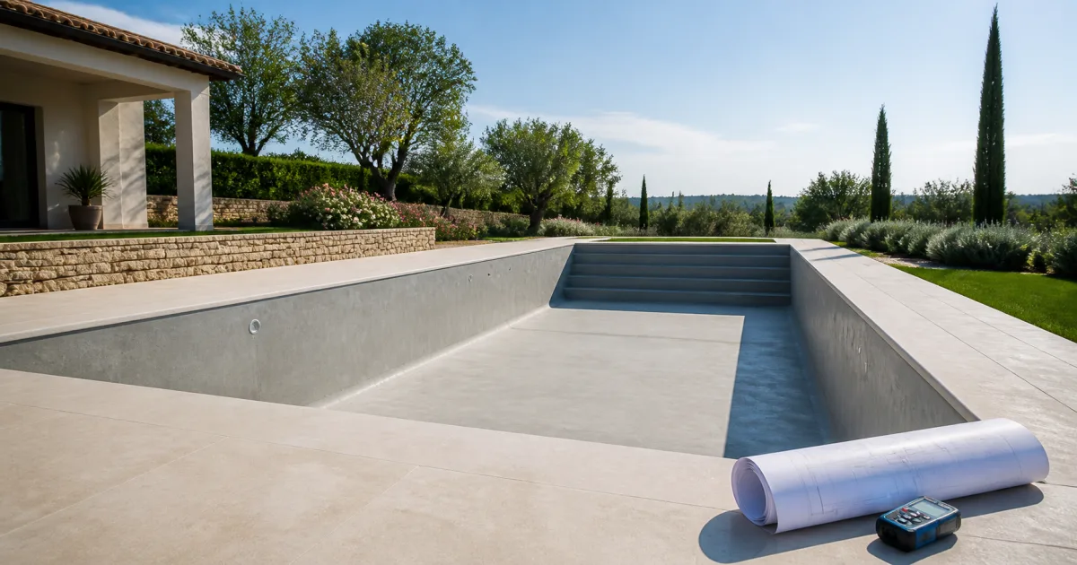 Piscina rectangular vacía con un plano enrollado y un medidor láser en el borde