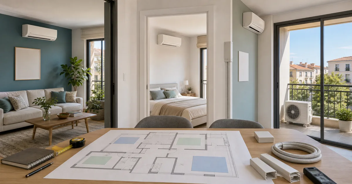 Vivienda con varias unidades interiores de aire acondicionado, plano y material de instalación