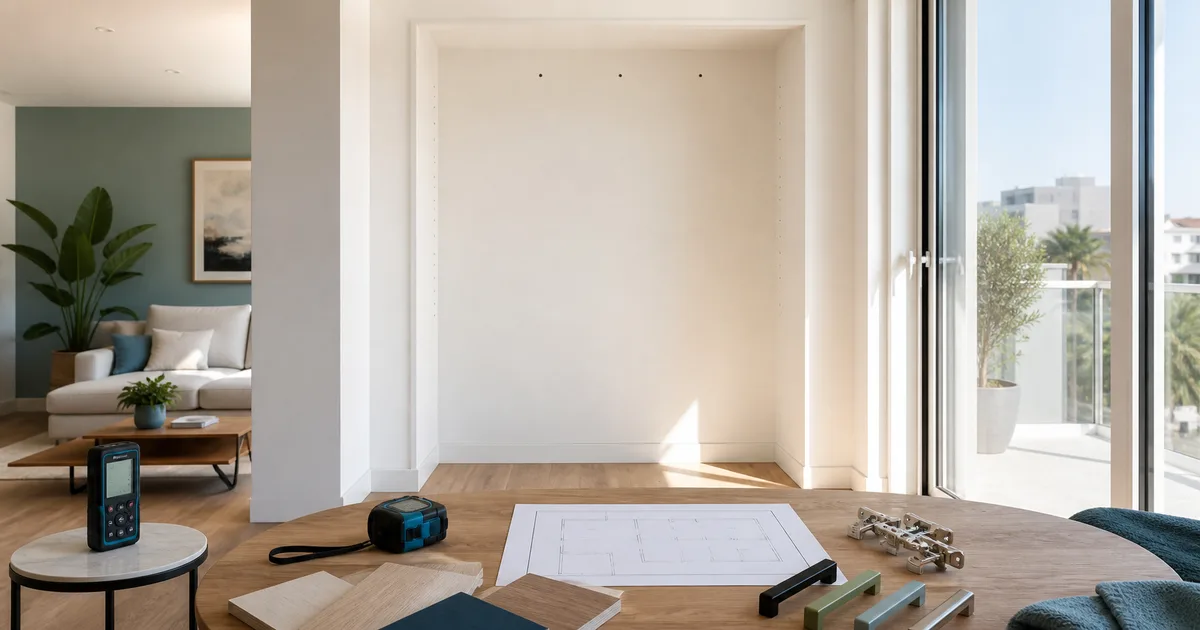 Hueco vacío para mueble a medida con medidor, muestras de madera, herrajes y plano