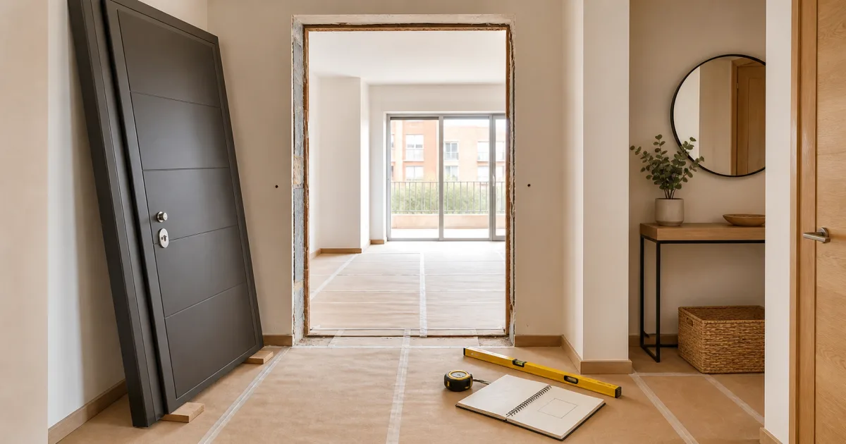 Hueco de entrada protegido, puerta de seguridad de muestra, cinta métrica y nivel preparados para medición