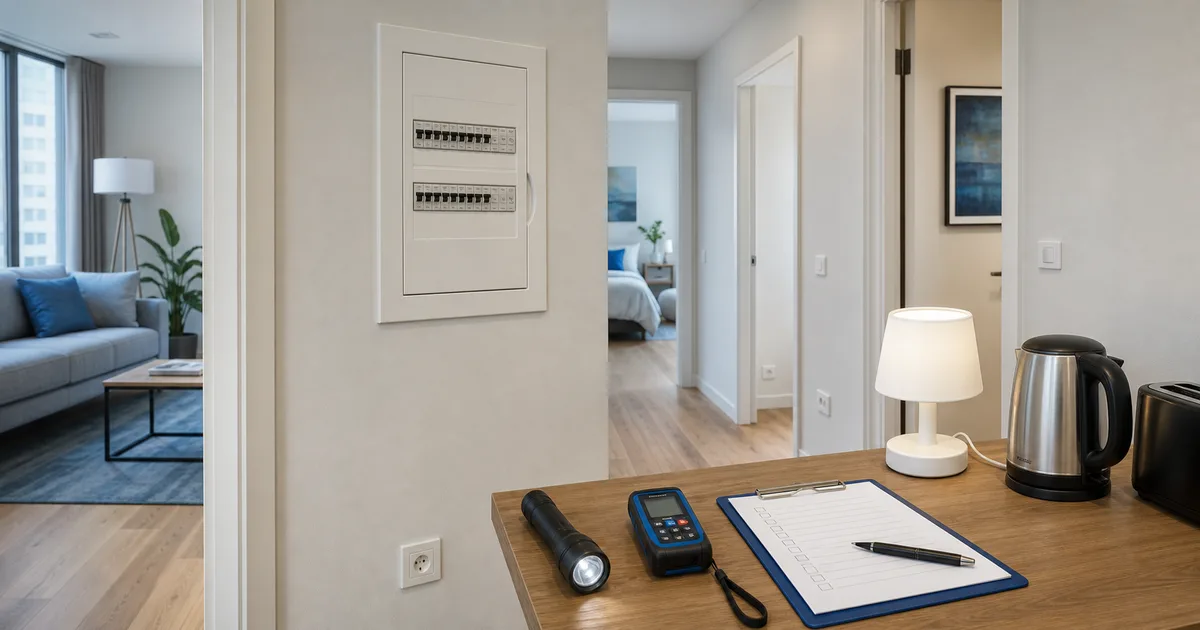 Vivienda con cuadro eléctrico cerrado, estancias visibles y ficha de inventario sobre una mesa