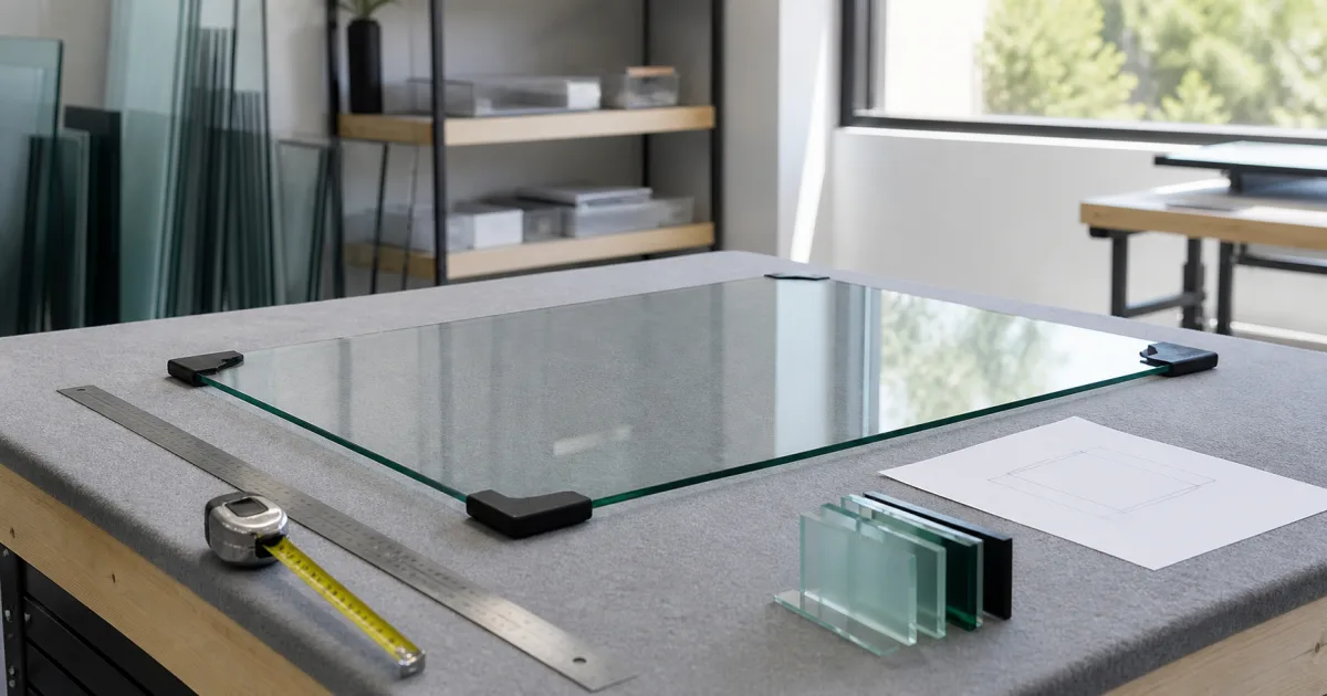 Cristal rectangular sobre una mesa de taller con regla, cinta métrica, croquis y muestras de vidrio