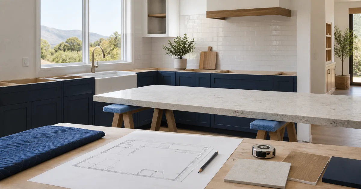 Cocina en montaje con encimera sin instalar, plano acotado, muestras y cinta métrica