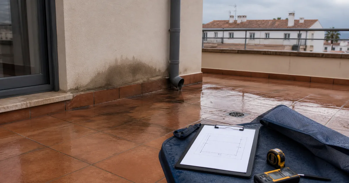 Terraza mojada con mancha de humedad junto a un encuentro, sumidero y ficha de inspección