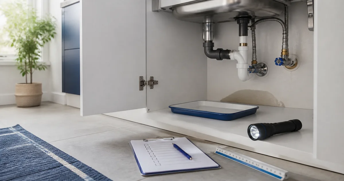 Mueble bajo fregadero con tuberías visibles, bandeja de inspección, linterna y ficha de registro