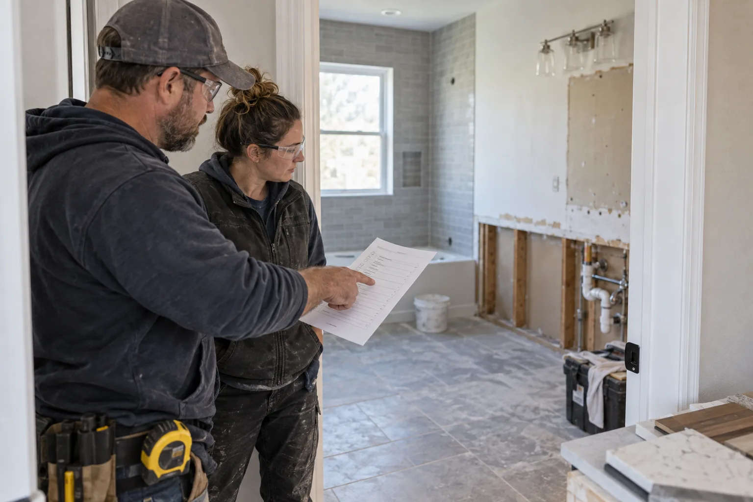A contractor and crew lead review a printed scope checklist beside a bathroom renovation.